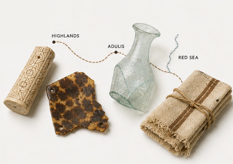 Trade artifacts and a map tracing the route from the highlands through Adulis to the Red Sea.