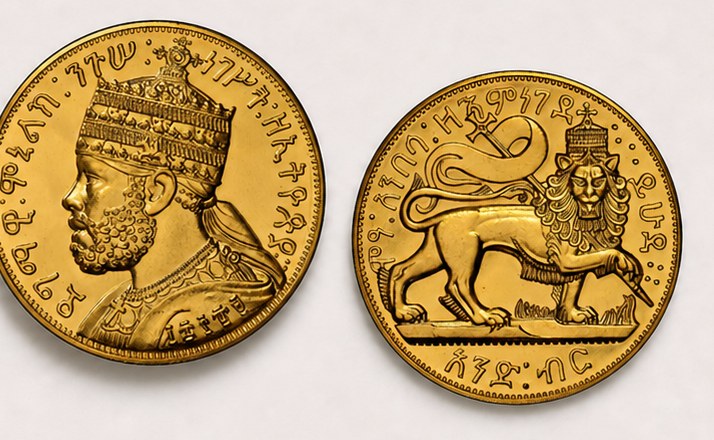 Menelik era gold birr coins.