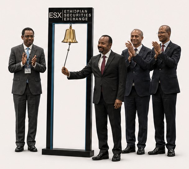 People ringing the opening bell at the Ethiopian Securities Exchange.