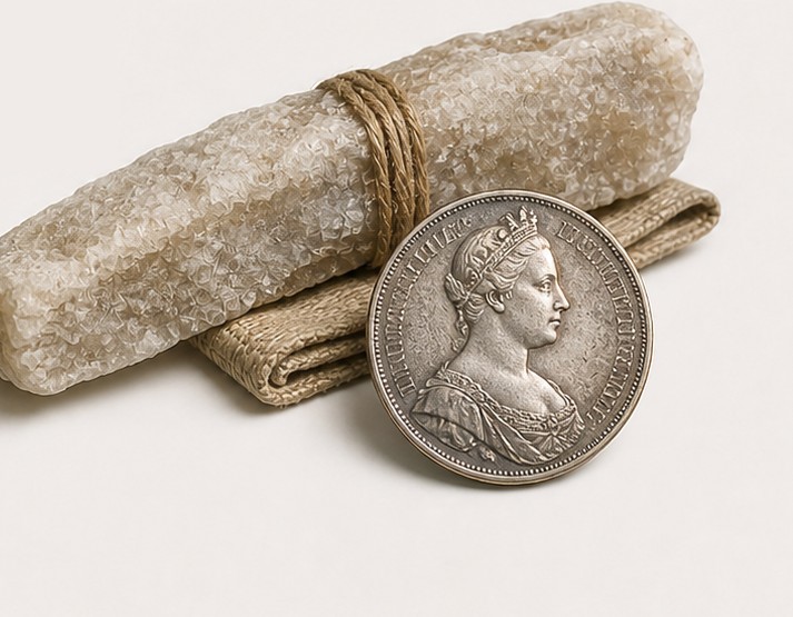 A bar of salt and a silver Maria Theresa thaler used as money in Ethiopia.
