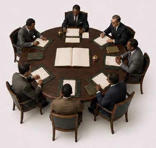 A round table with seven members trading shares and bonds.