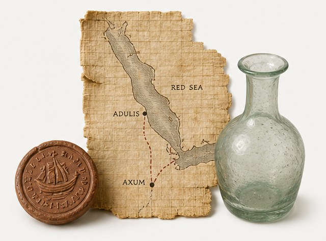 A map, a wax seal, and a glass bottle representing early Red Sea trade at Adulis.